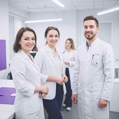 Trzech uśmiechniętych pracowników służby zdrowia w białych fartuchach stojących razem w jasnym korytarzu medycznym.
