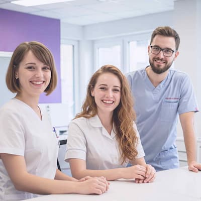 Trzech uśmiechniętych pracowników służby zdrowia stojących razem przy biurku w placówce medycznej, ubrani w jasne i niebieskie uniformy.